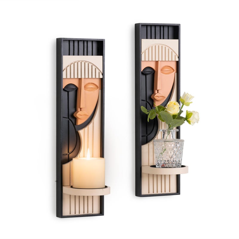 WOPARTY Modern Art Wall Candle Holder, Abstract Face Candle Sconce Set of 2, Wall Decor, 16.5 x 4.33 Inch (Boho) - Image 1