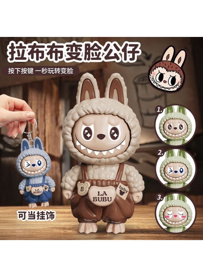 Monster LaBubu Face Changing Doll Keychain, 10 cm, Cartoon Character with Blue Overalls, Decorative Pendant - Image 3