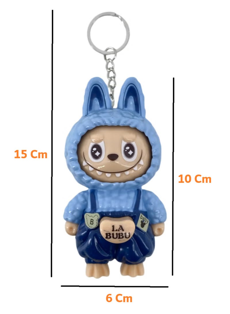 Monster LaBubu Face Changing Doll Keychain, 10 cm, Cartoon Character with Blue Overalls, Decorative Pendant - Image 2