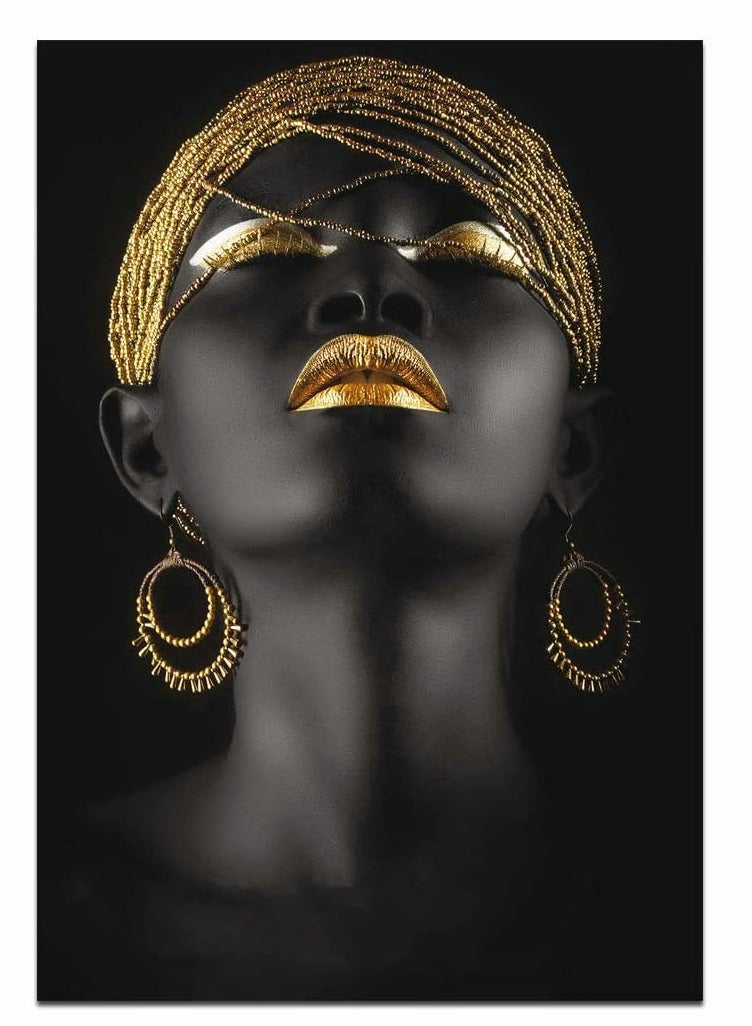 SYOSI Wall Painting, African Women Art Wall Decor Canvas Wall Art Original Designed Pop Gold earrings necklace Black Pretty Girl Style Painting on Canvas Poster Print without Frame ( 50 x 70 cm ) - Image 1