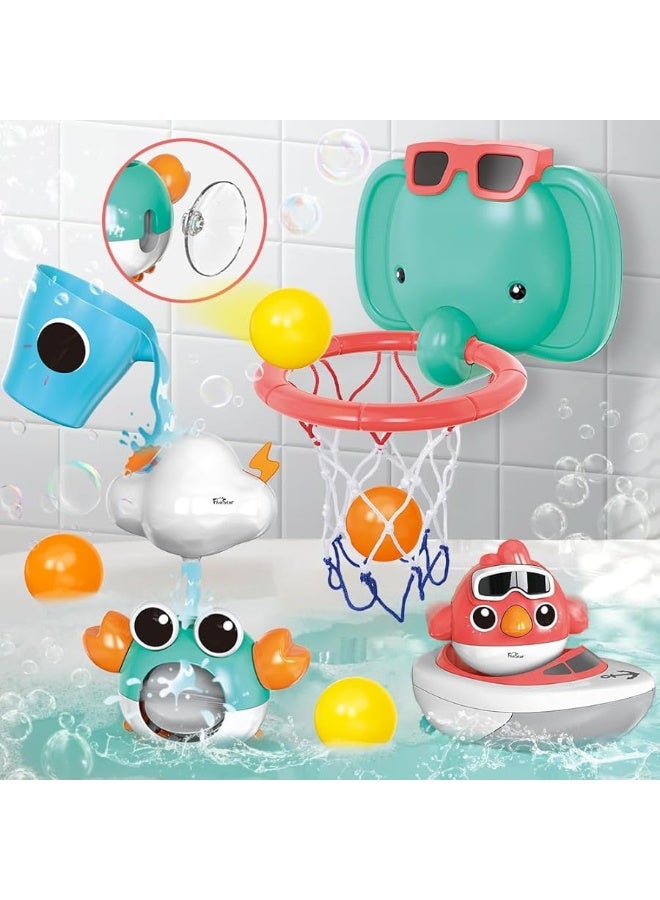 VATOS VATOS Baby Bath Toys, Elephant Basketball Hoop Bathroom Baby Toys for Babies Boys Girls 1 Year Old, Baby Bathtub Playset with Bird, Crab, Clouds, Yacht Best Bath Gift for Toddlers 1-3  - Image 4