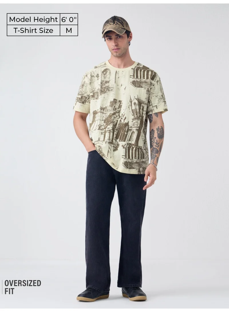 ذا سوليد ستور The Souled Store Oversized T-Shirt: Gothic Buildings Men and Boys Short Sleeves Round Neck Cream Graphic Printed Cotton Oversized T-Shirt