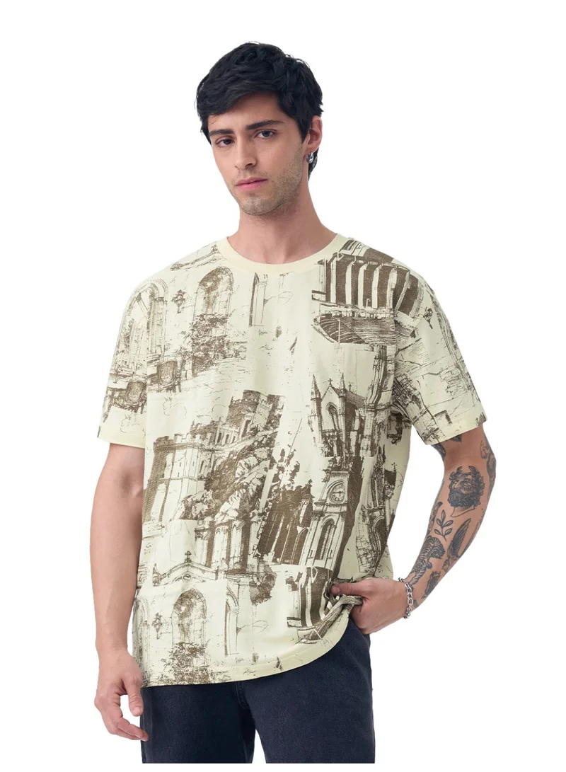 ذا سوليد ستور The Souled Store Oversized T-Shirt: Gothic Buildings Men and Boys Short Sleeves Round Neck Cream Graphic Printed Cotton Oversized T-Shirt