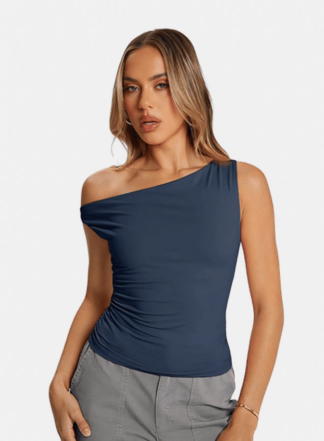 lavex, Women Draped Shoulder Top Navy Blue Color