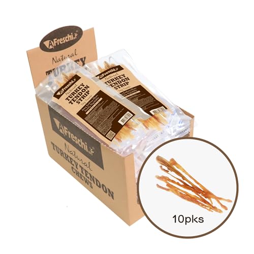 A Freschi srl Turkey Tendons for Dogs, USA-Sourced Human Grade, Rawhide-Free Long-Lasting Puppy Chews, All Natural Hypoallergenic Dog Treats for Small Breeds, Strips, 10 Pack Box - Image 1