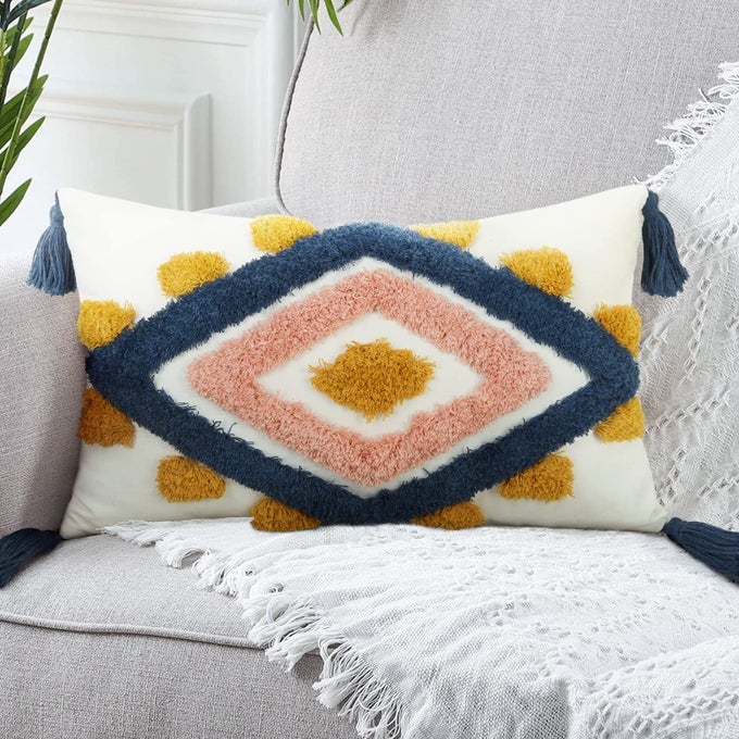 BOHO THROW PILLOW COVERS LUMBAR DECORATIVE THROW PILLOW COVER TUFTED WOVEN PILLOW CASE CUSHION COVERS FOR BED 1PC12X20 INCHES