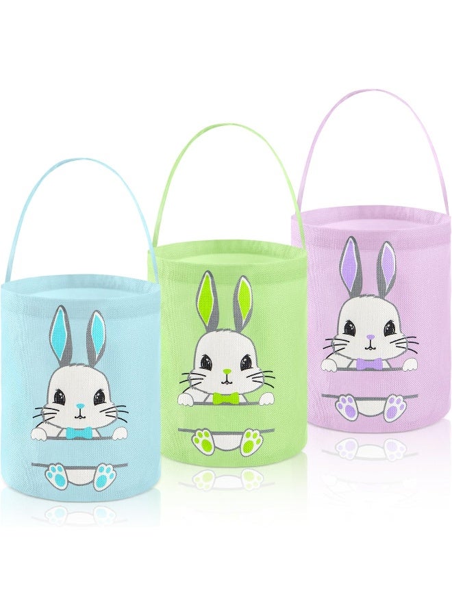 Weewooday 3 Pack Bunny Easter Basket Large Personalized Cute Easter Egg Hunt Basket with Handle, DIY Canvas Rabbit Bags Buckets for Party Gifts(Green, Purple, Blue) - Image 1