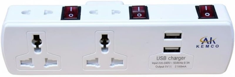 تمديد متعدد المقابس معتمد من ESMA من Kemco مع 3 مقابس عالمية و2 منافذ USB