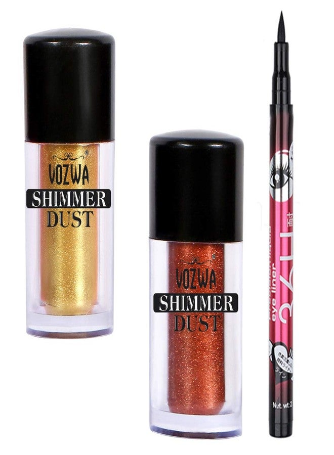 Vozwa Shimmer Pigment Eyeshadow Dust (Golden + Copper) with Black Eyeliner - Image 1