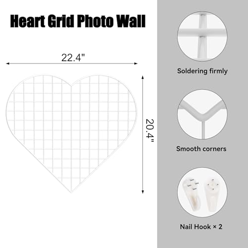 ECLENYES Grid Photo Wall Panels - 22.4"x20.4" Heart Shape Iron Rack Art Wire Board, Wall Grid Organizer, DIY Photo Frame for Home, Office, Kitchen, Bedroom, Christmas Gifts - White - Image 3