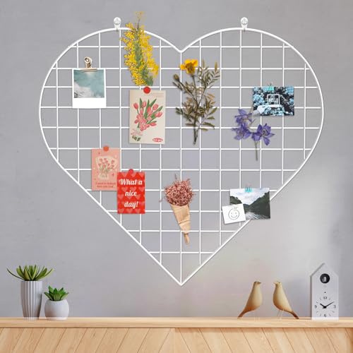 ECLENYES Grid Photo Wall Panels - 22.4"x20.4" Heart Shape Iron Rack Art Wire Board, Wall Grid Organizer, DIY Photo Frame for Home, Office, Kitchen, Bedroom, Christmas Gifts - White - Image 1