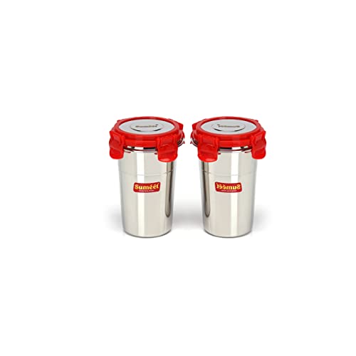 Sumeet Stainless Steel Airtight, Leak Proof, Freezer Safe and Dust Proof Small Tumbler with Stainless Steel Lid Set of 2 Pcs (400ml each) Dia - 8cm - Image 1