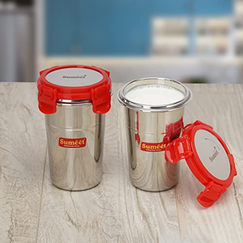 Sumeet Stainless Steel Airtight, Leak Proof, Freezer Safe and Dust Proof Small Tumbler with Stainless Steel Lid Set of 2 Pcs (400ml each) Dia - 8cm - Image 3
