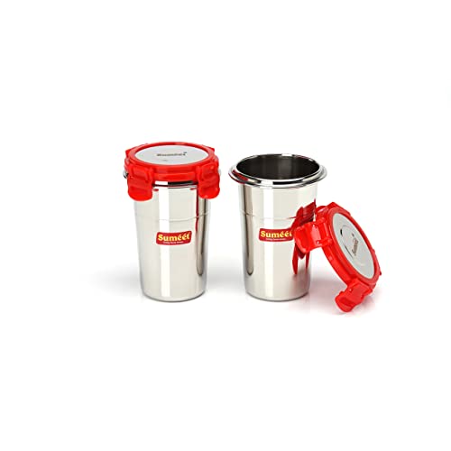 Sumeet Stainless Steel Airtight, Leak Proof, Freezer Safe and Dust Proof Small Tumbler with Stainless Steel Lid Set of 2 Pcs (400ml each) Dia - 8cm - Image 2