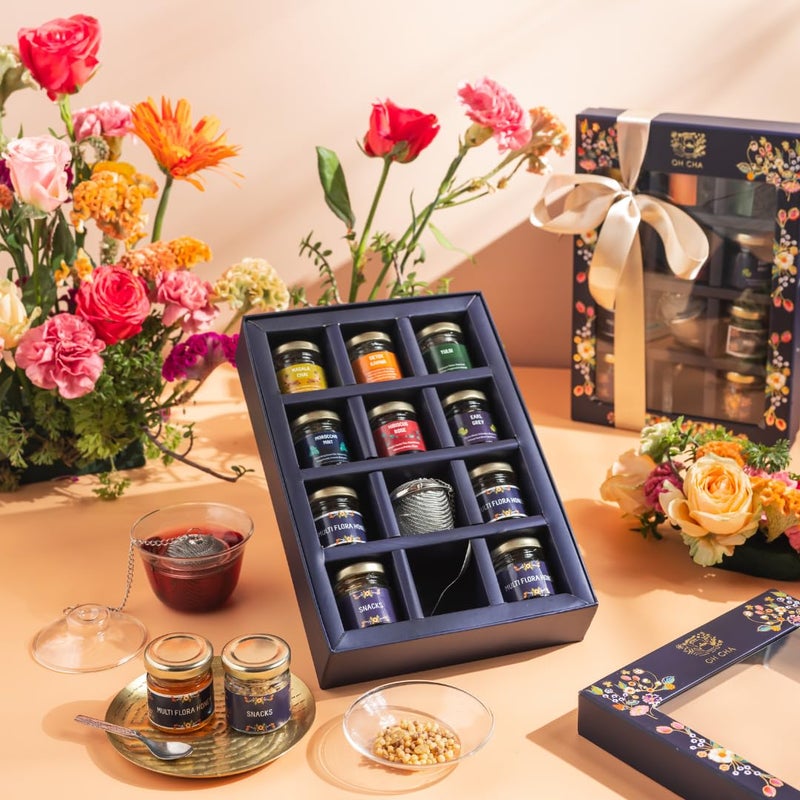 OH CHA - Assorted Teas Gift Box, The Savourers Tea Box | Tea Gift Set with 6 Teas, Bucket Tea Infuser, Spoon, Multiflora Raw Honey & Healthy Snacks | Exotic Tea Sampler Gift Pack - Image 2