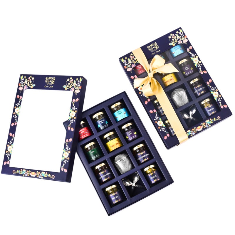 OH CHA - Assorted Teas Gift Box, The Savourers Tea Box | Tea Gift Set with 6 Teas, Bucket Tea Infuser, Spoon, Multiflora Raw Honey & Healthy Snacks | Exotic Tea Sampler Gift Pack - Image 1