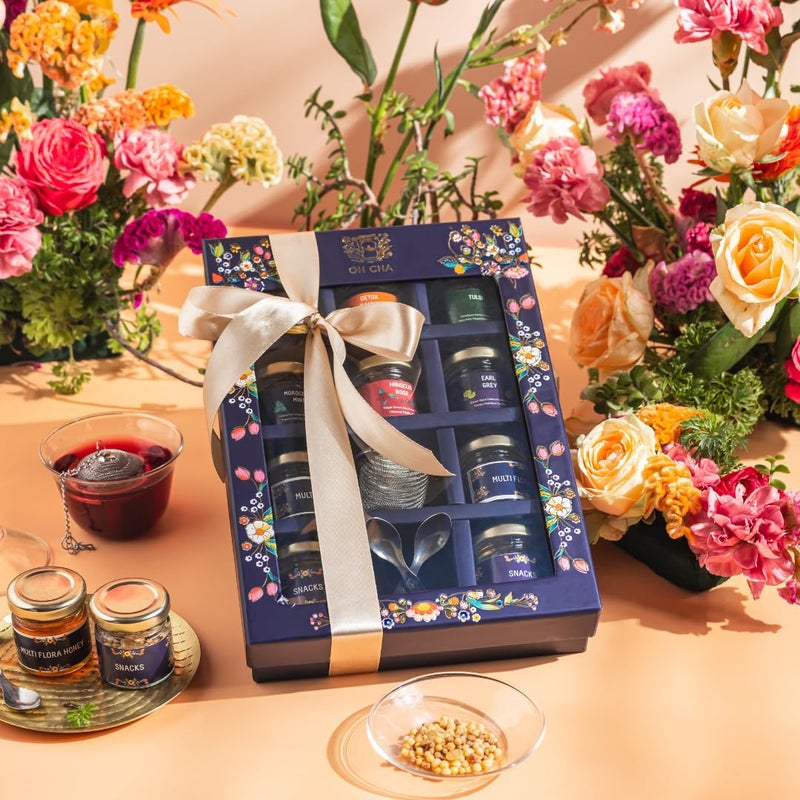 OH CHA - Assorted Teas Gift Box, The Savourers Tea Box | Tea Gift Set with 6 Teas, Bucket Tea Infuser, Spoon, Multiflora Raw Honey & Healthy Snacks | Exotic Tea Sampler Gift Pack - Image 3