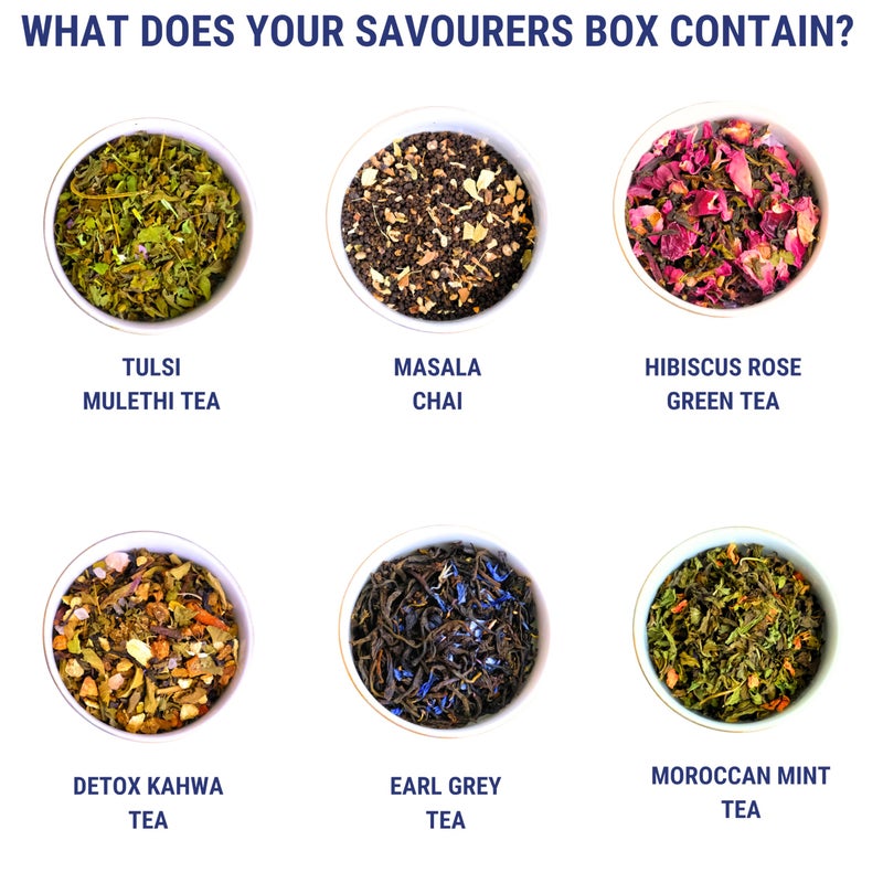 OH CHA - Assorted Teas Gift Box, The Savourers Tea Box | Tea Gift Set with 6 Teas, Bucket Tea Infuser, Spoon, Multiflora Raw Honey & Healthy Snacks | Exotic Tea Sampler Gift Pack - Image 4