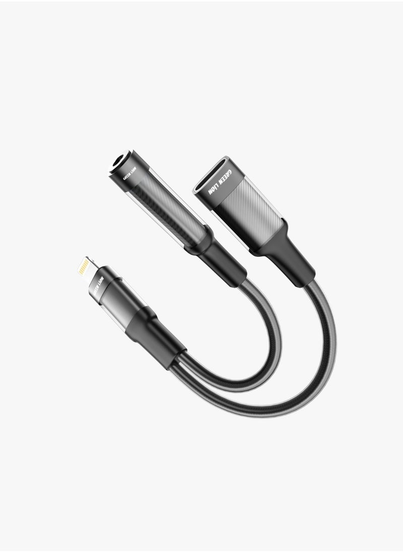 GREEN LION - 2 in 1 Earphone & Charging Adapter Lightning to Lightning (Charging) + 3.5 (Audio) 12cm Length/ Transparent Braided Build / Stable Signal / Durable Material / Secure & Safe / 10000 Bends Life Span / Premium Quality / Flexible & Portable / Wide Combability - Black - Image 1