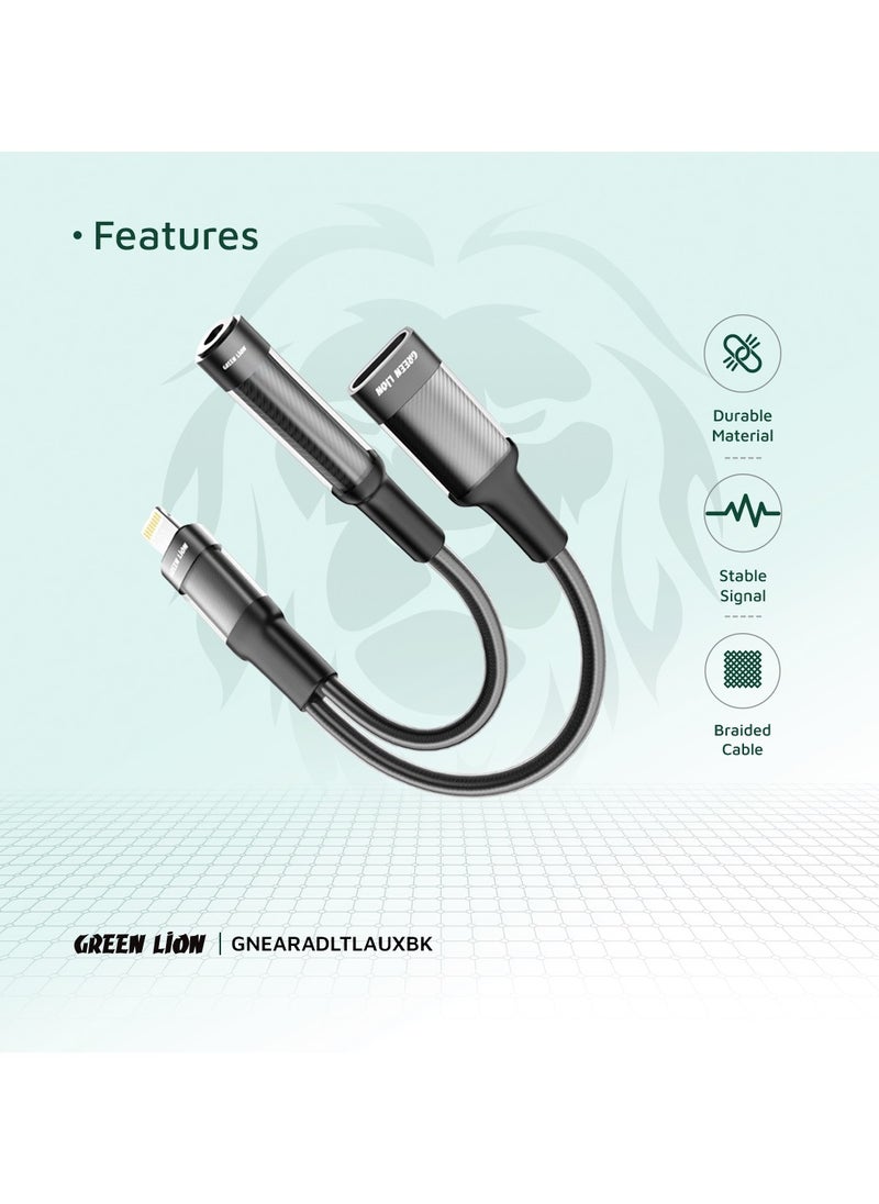 GREEN LION - 2 in 1 Earphone & Charging Adapter Lightning to Lightning (Charging) + 3.5 (Audio) 12cm Length/ Transparent Braided Build / Stable Signal / Durable Material / Secure & Safe / 10000 Bends Life Span / Premium Quality / Flexible & Portable / Wide Combability - Black - Image 1