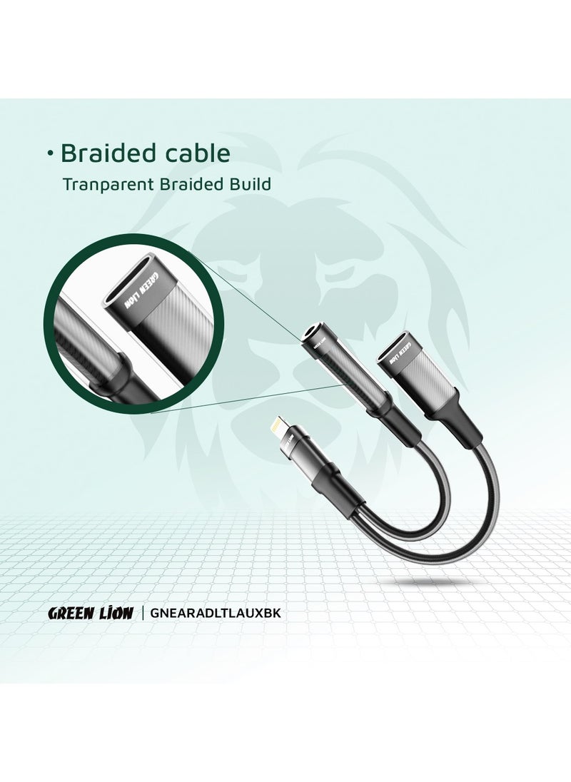 GREEN LION - 2 in 1 Earphone & Charging Adapter Lightning to Lightning (Charging) + 3.5 (Audio) 12cm Length/ Transparent Braided Build / Stable Signal / Durable Material / Secure & Safe / 10000 Bends Life Span / Premium Quality / Flexible & Portable / Wide Combability - Black - Image 1