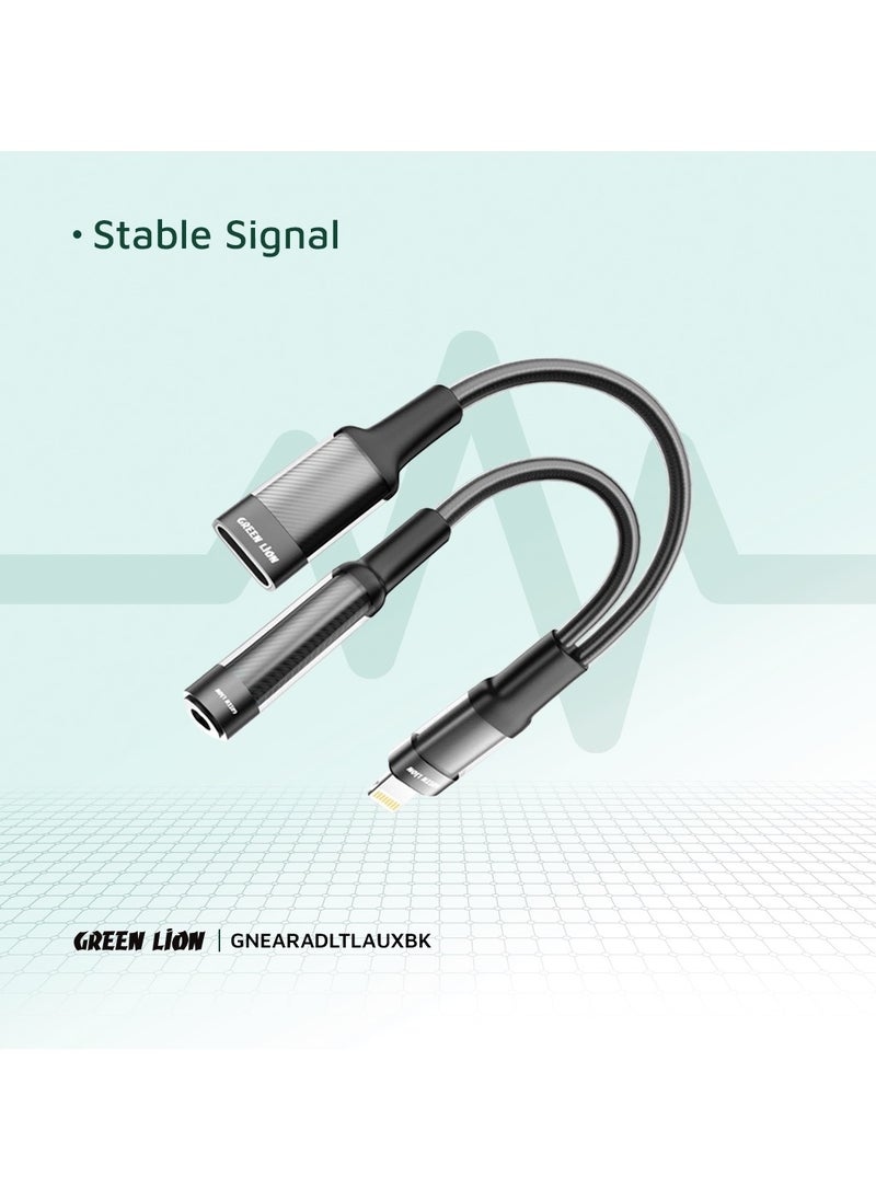 GREEN LION - 2 in 1 Earphone & Charging Adapter Lightning to Lightning (Charging) + 3.5 (Audio) 12cm Length/ Transparent Braided Build / Stable Signal / Durable Material / Secure & Safe / 10000 Bends Life Span / Premium Quality / Flexible & Portable / Wide Combability - Black - Image 1