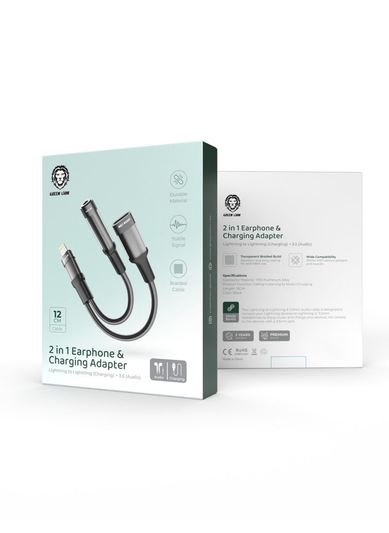 GREEN LION - 2 in 1 Earphone & Charging Adapter Lightning to Lightning (Charging) + 3.5 (Audio) 12cm Length/ Transparent Braided Build / Stable Signal / Durable Material / Secure & Safe / 10000 Bends Life Span / Premium Quality / Flexible & Portable / Wide Combability - Black - Image 1
