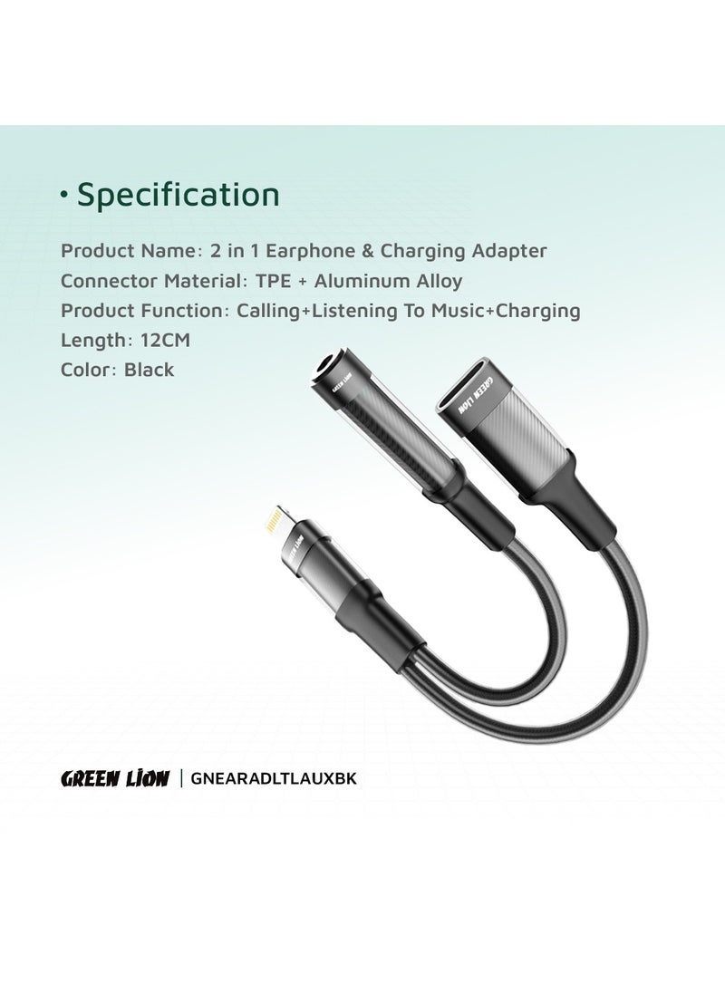 GREEN LION - 2 in 1 Earphone & Charging Adapter Lightning to Lightning (Charging) + 3.5 (Audio) 12cm Length/ Transparent Braided Build / Stable Signal / Durable Material / Secure & Safe / 10000 Bends Life Span / Premium Quality / Flexible & Portable / Wide Combability - Black - Image 1