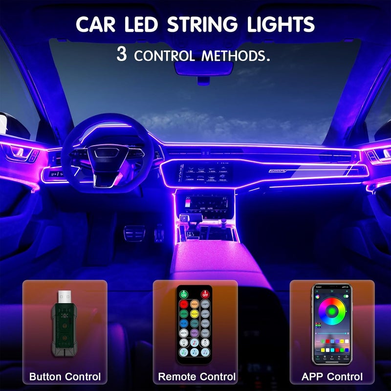 أضواء شريط LED داخلية للسيارة، ملحقات السيارة، تحكم عبر التطبيق مع جهاز تحكم عن بعد، 5 في 1، مزامنة الموسيقى، تغيير اللون، طقم إضاءة محيطة RGB مع 275 بوصة من الألياف الضوئية، شاحن USB، شرائط ضوئية، ديكورات - Image 2