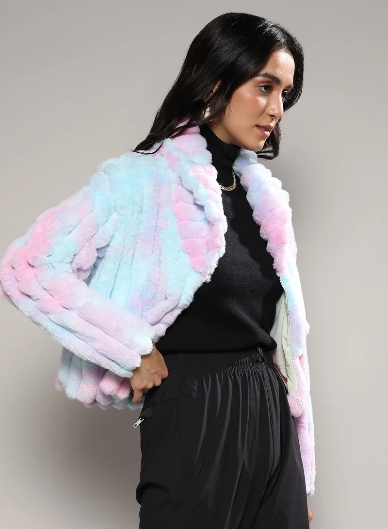 Campus Sutra Women's Powder Blue & Blush Pink Bubblegum Ripple Faux Fur Jacket