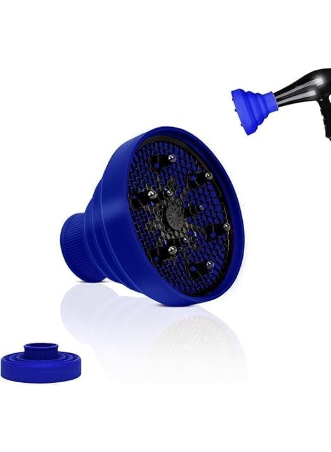 hair diffuser, Silicone Folding Hairdryer Diffuser - Dries Hair Rapidly and Softly Universal attachment fits almost all hair dryers, for curly or wavy hair styling (Blue) - Image 1