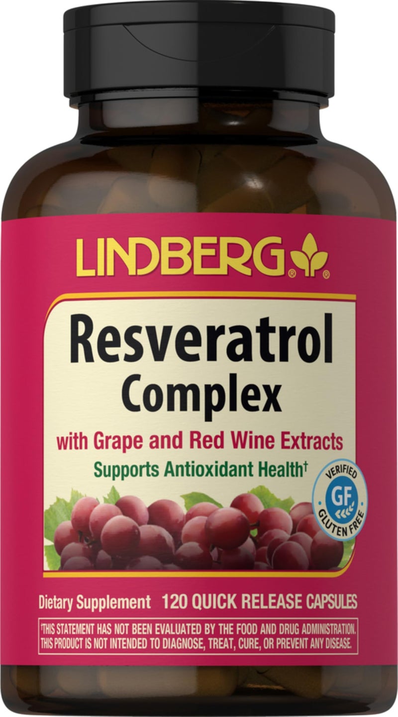 Lindberg Resveratrol Supplement 100mg 120 Capsules with Grape Seed and Red Wine Extracts NonGMO Gluten Free