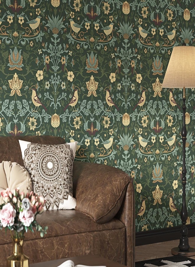 WESTICK ورق حائط داكن من WESTACK William Morris، ورق حائط أخضر عتيق مزخرف بنقشة زهور، قابل للإزالة واللصق، ورق حائط نباتي لاصق لغرفة النوم وخزائن المطبخ، 17.5 بوصة × 8.6 قدم - Image 2