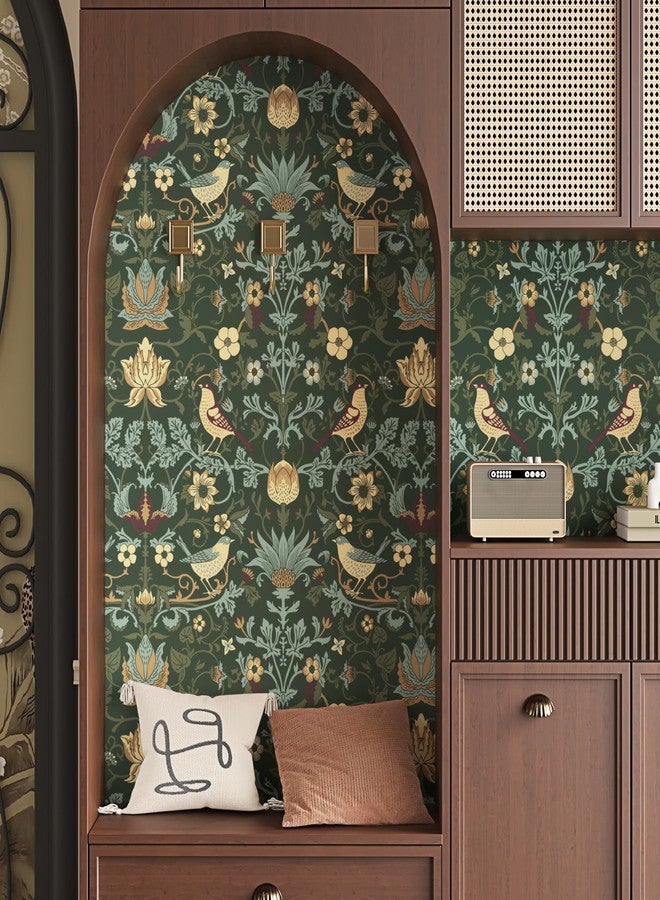 WESTICK ورق حائط داكن من WESTACK William Morris، ورق حائط أخضر عتيق مزخرف بنقشة زهور، قابل للإزالة واللصق، ورق حائط نباتي لاصق لغرفة النوم وخزائن المطبخ، 17.5 بوصة × 8.6 قدم - Image 5