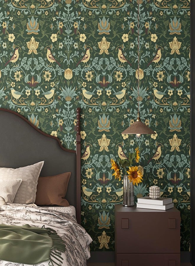 WESTICK ورق حائط داكن من WESTACK William Morris، ورق حائط أخضر عتيق مزخرف بنقشة زهور، قابل للإزالة واللصق، ورق حائط نباتي لاصق لغرفة النوم وخزائن المطبخ، 17.5 بوصة × 8.6 قدم - Image 3