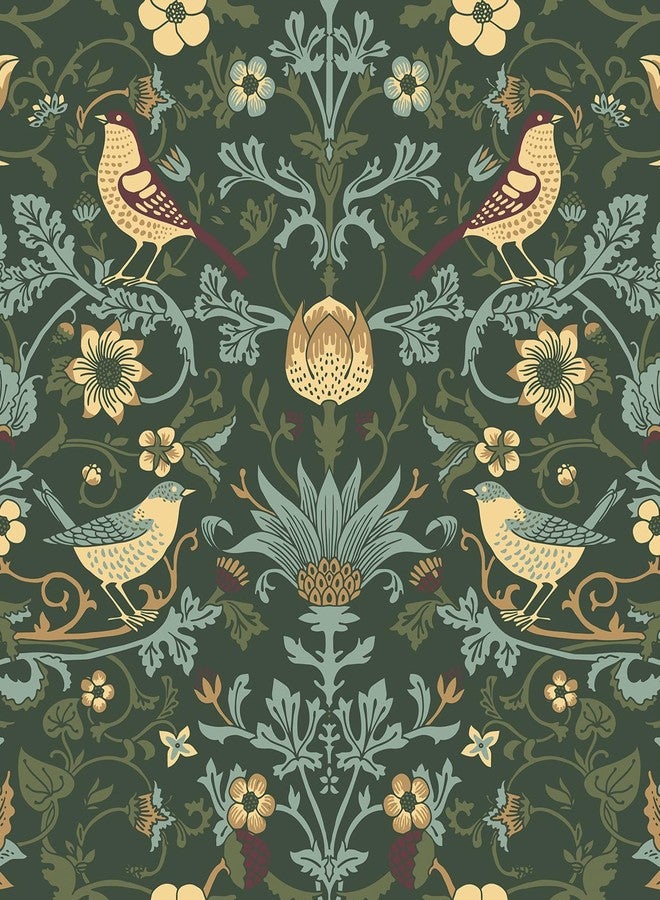 WESTICK ورق حائط داكن من WESTACK William Morris، ورق حائط أخضر عتيق مزخرف بنقشة زهور، قابل للإزالة واللصق، ورق حائط نباتي لاصق لغرفة النوم وخزائن المطبخ، 17.5 بوصة × 8.6 قدم - Image 1