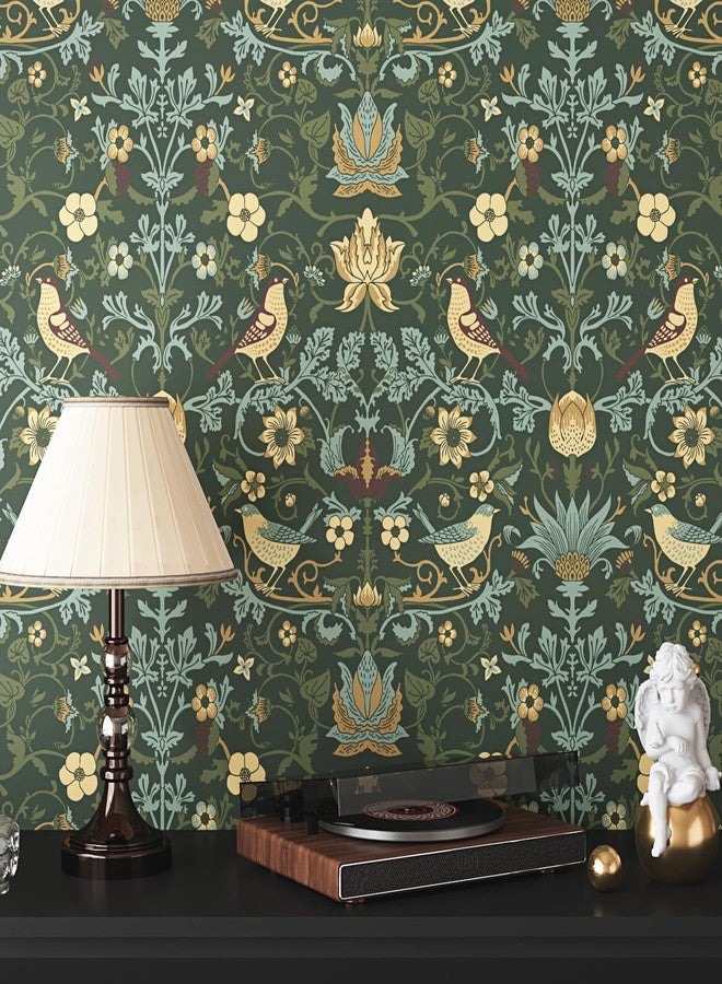 WESTICK ورق حائط داكن من WESTACK William Morris، ورق حائط أخضر عتيق مزخرف بنقشة زهور، قابل للإزالة واللصق، ورق حائط نباتي لاصق لغرفة النوم وخزائن المطبخ، 17.5 بوصة × 8.6 قدم - Image 4