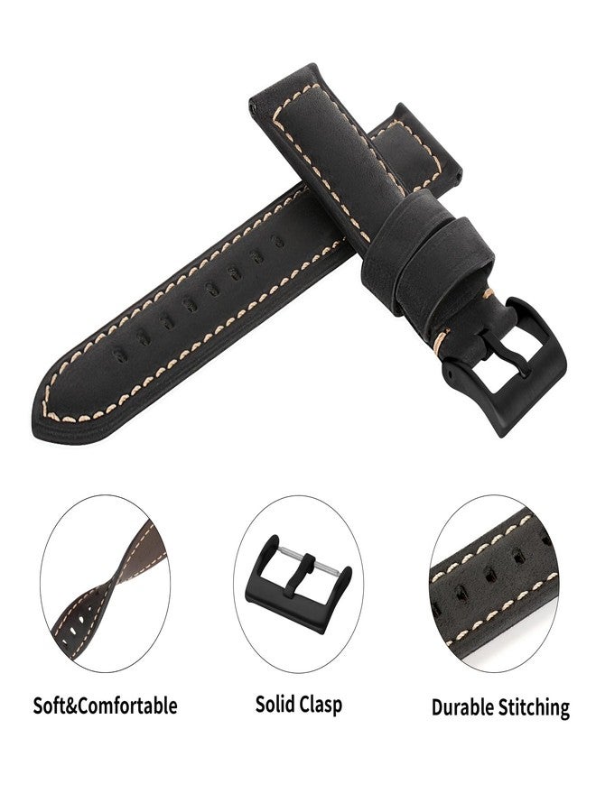 TStrap Leather Watch Straps for Men - Black Vintage Soft Watch Bracelet Thickly - Padded Smart Watch Band with Black Clasp Buckle Replacement - 20mm 22mm 24mm - Image 3