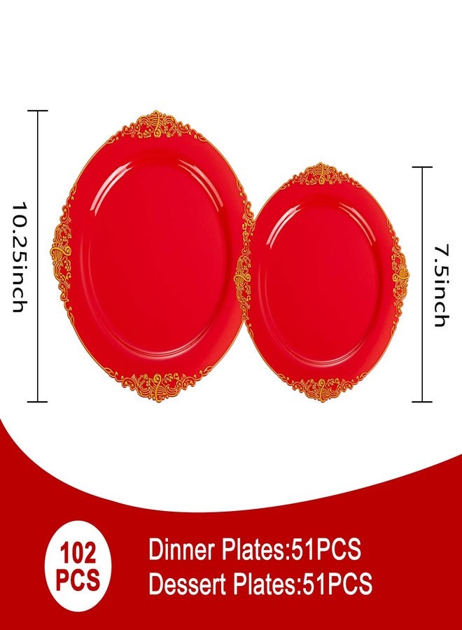 Joyido 102PCS Red and Gold Plastic Plates - Red Plates Disposable - Red Plastic Plates with Gold Rim Include 51PCS Dessert Plates, 51PCS Dinner Plates Perfect for Weddings & Parties & Valentine's Day - Image 3