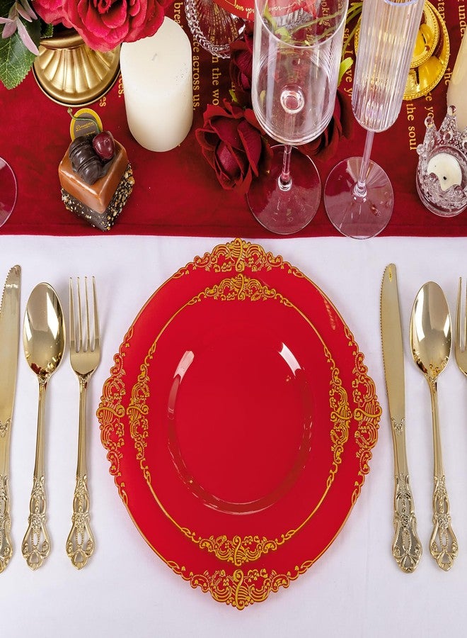 Joyido 102PCS Red and Gold Plastic Plates - Red Plates Disposable - Red Plastic Plates with Gold Rim Include 51PCS Dessert Plates, 51PCS Dinner Plates Perfect for Weddings & Parties & Valentine's Day - Image 2