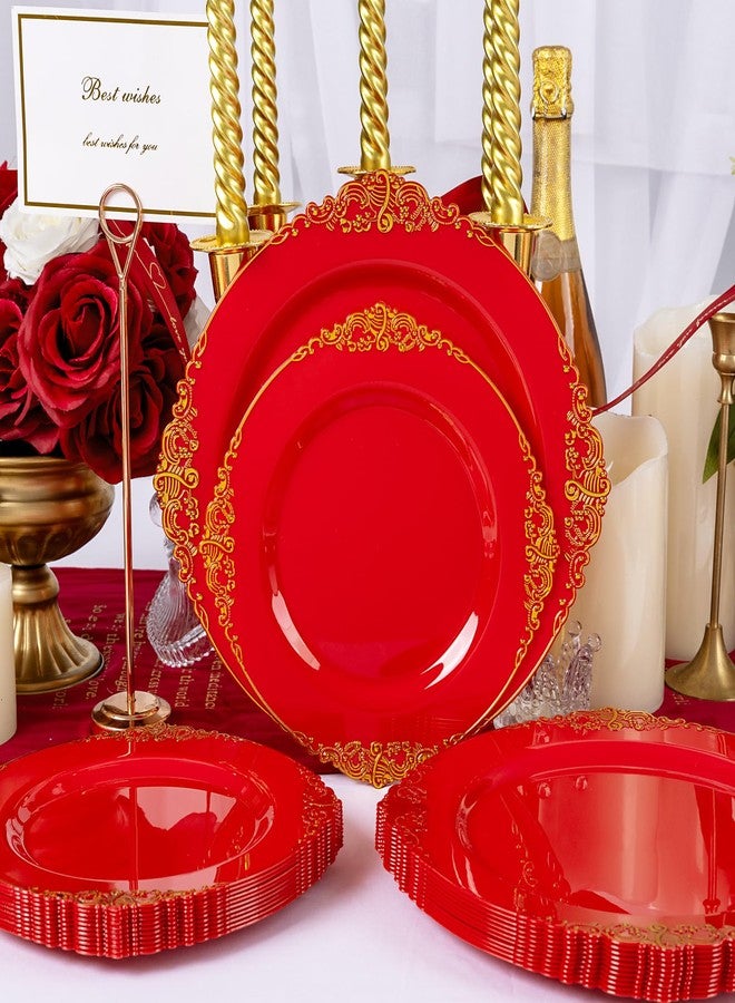 Joyido 102PCS Red and Gold Plastic Plates - Red Plates Disposable - Red Plastic Plates with Gold Rim Include 51PCS Dessert Plates, 51PCS Dinner Plates Perfect for Weddings & Parties & Valentine's Day - Image 4