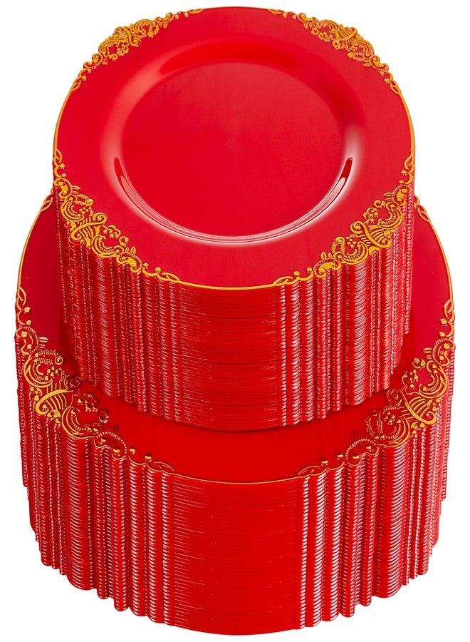 Joyido 102PCS Red and Gold Plastic Plates - Red Plates Disposable - Red Plastic Plates with Gold Rim Include 51PCS Dessert Plates, 51PCS Dinner Plates Perfect for Weddings & Parties & Valentine's Day - Image 1
