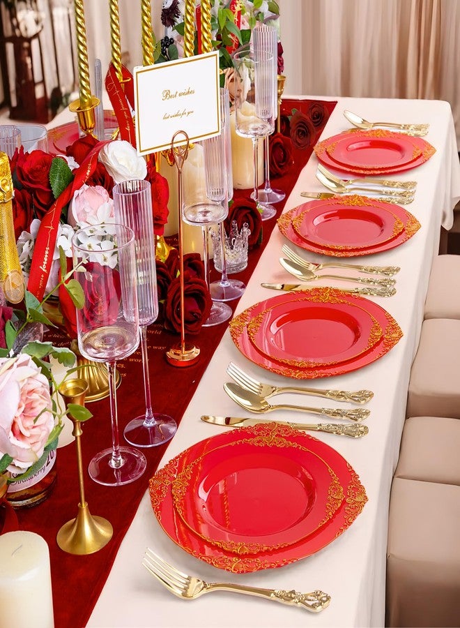 Joyido 102PCS Red and Gold Plastic Plates - Red Plates Disposable - Red Plastic Plates with Gold Rim Include 51PCS Dessert Plates, 51PCS Dinner Plates Perfect for Weddings & Parties & Valentine's Day - Image 5