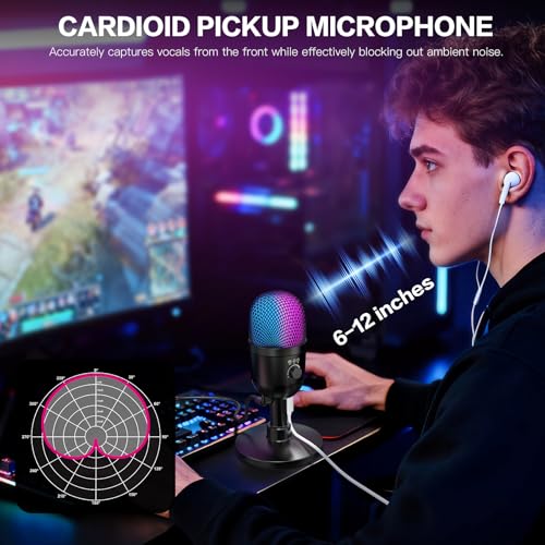 zealsound Gaming Condenser Microphone with RGB Lights, Studio USB Mic for PC, Mac, iPhone, Plug & Play, Mute & Gain Control, Monitoring for Streaming, Podcasting, TikTok, YouTube - Image 3