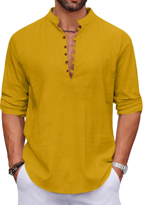Macsivo Men's Stylish Mandarin Collar Kurta | Casual Ethnic Fusion Shirt for Daily, Party & Travel | Full Sleeves | Cotton Blend Comfort Fit Short Kurta Gold - Image 1