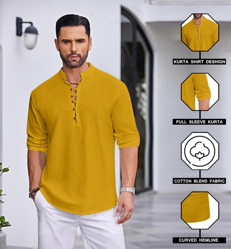 Macsivo Men's Stylish Mandarin Collar Kurta | Casual Ethnic Fusion Shirt for Daily, Party & Travel | Full Sleeves | Cotton Blend Comfort Fit Short Kurta Gold - Image 3