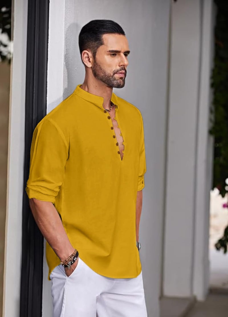 Macsivo Men's Stylish Mandarin Collar Kurta | Casual Ethnic Fusion Shirt for Daily, Party & Travel | Full Sleeves | Cotton Blend Comfort Fit Short Kurta Gold - Image 2
