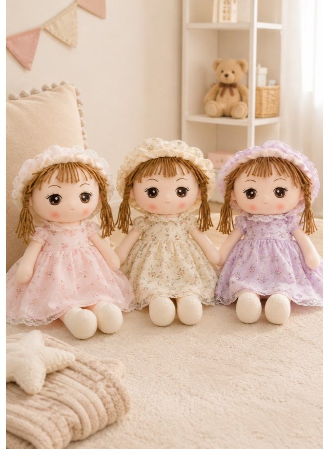 DAT Soft Plush Girl Doll with Floral Dress, Lace Bonnet & Yarn Braids 70cm – Pink, Yellow, Purple - Image 1