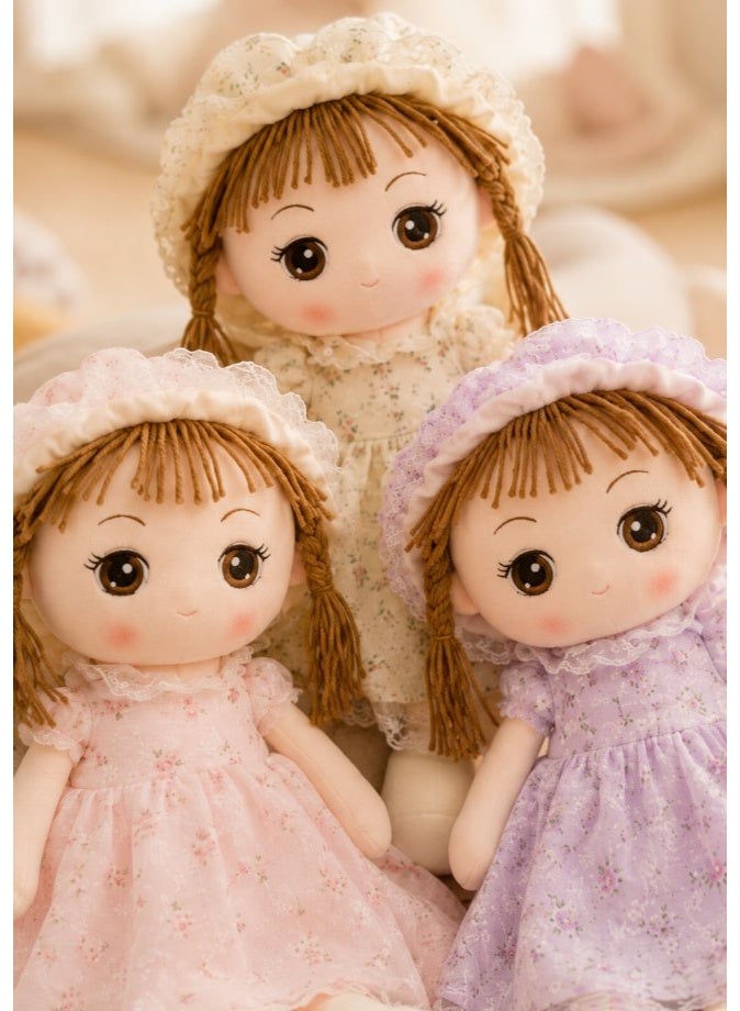 DAT Soft Plush Girl Doll with Floral Dress, Lace Bonnet & Yarn Braids 70cm – Pink, Yellow, Purple - Image 4