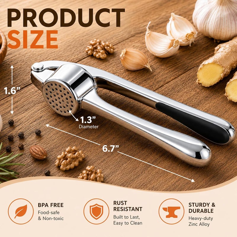 CUNSENR Garlic Press Set, Premium Rust Proof Garlic Mincer Tool with Ergonomic Handle, Easy Squeeze u0026 Easy Clean Garlic Crusher, Dishwasher Safe with Silicone Peeler and Brush -  Silver - Image 5